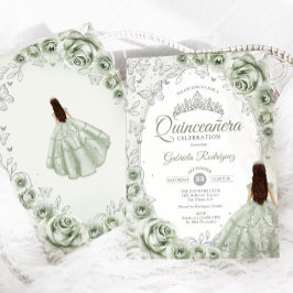 Convites Sage Green Silver Floral Quinceanera