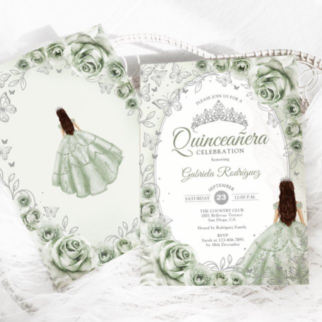Convites Sage Green Silver Floral Quinceanera (Criador carregado)