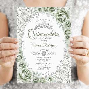Convites Sage Green Silver Floral Quinceanera