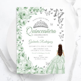 Convites Sage Green Silver Floral Quinceanera