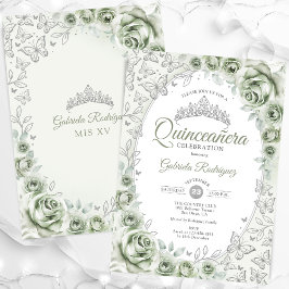 Convites Sage Green Silver Floral Quinceanera