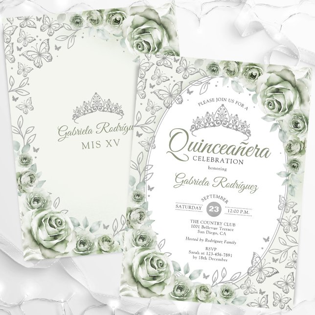 Convites Sage Green Silver Floral Quinceanera (Criador carregado)