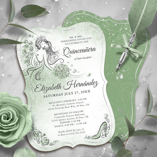Convites Sage Green Silver Princess Quinceanera Birthday (Unique, downloadable silver and sage green quinceanera invitations on an editable DIY template.)