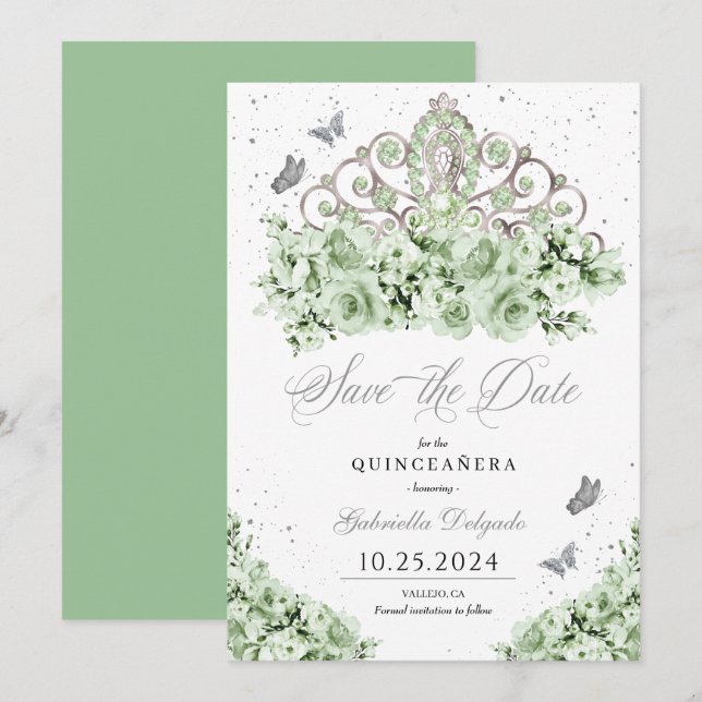 Convites Sage Green Silver Tiara Salve A Data Quinceañera (Frente/Verso)