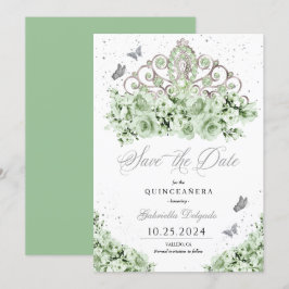 Convites Sage Green Silver Tiara Salve A Data Quinceañera