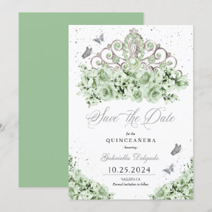 Convites Sage Green Silver Tiara Salve A Data Quinceañera