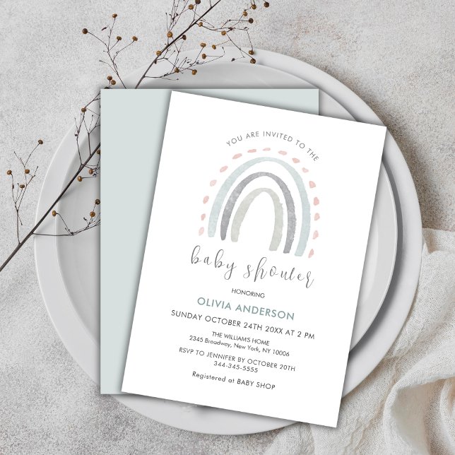 Convites Sage Green Simple Boho Rainbow Chá de fraldas (Sage Green Simple Boho Rainbow Girl Baby Shower Invitation)
