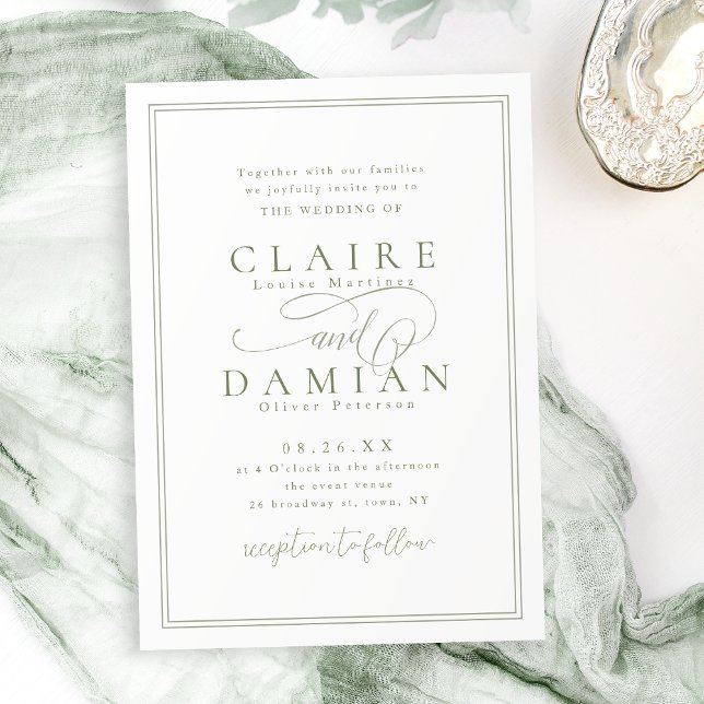 Convites Sage Green Simple Elegance Casamento Romântico de  (Sage Green Simple Elegance Romantic Script Wedding Invitation)