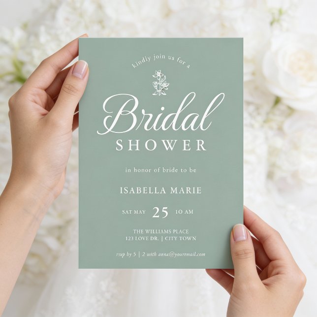 Convites Sage Green Simple Minimal Bridal Shower Invitation (Front of invite shown in 5 x 7 inches, choose size, paper, and corner style. Add a QR Code on back.
)