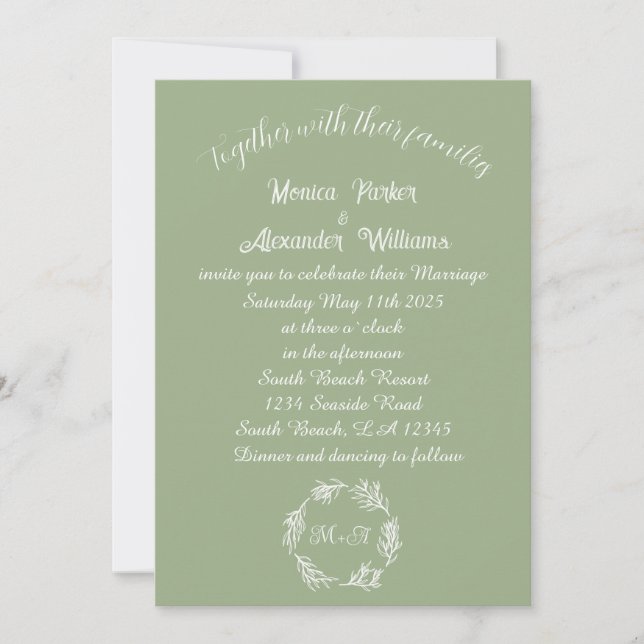 Convites Sage Green Simple Modern Monogrammed Casamento (Frente)