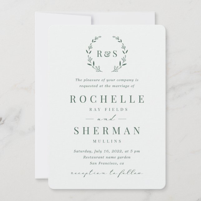 Convites Sage Green Simple Rustic Leaf Monograma Weding (Frente)