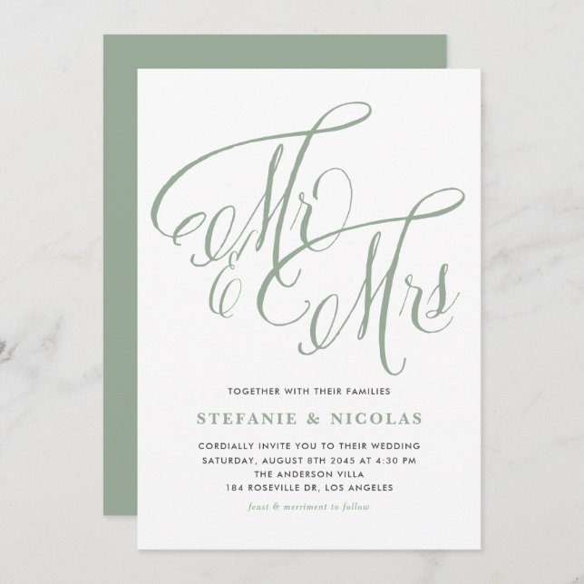 Convites Sage Green Sra. e Sra. Rustic Script Wedding (Frente/Verso)