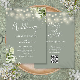 Convites Sage Green String Lights Floral Código QR Casament