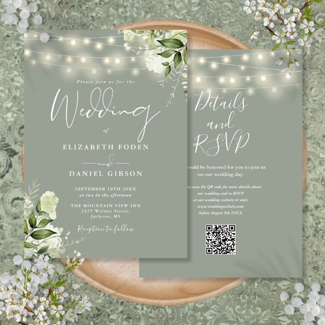 Convites Sage Green String Lights Floral Código QR Casament (Sage Green String Lights Floral QR Code Wedding Invitation)