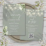 Convites Sage Green String Lights Floral Código QR Casament<br><div class="desc">Este convite elegante para casamento verde sábio,  com luzes bonito de cordas e verde floral,  pode ser personalizado com suas informações em tipografia quic com os detalhes do seu website de casamento e seu código QR no verso. Projetado por Thisnotme©</div>