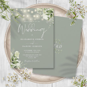 Convites Sage Green String Lights Floral Monograma Wedes