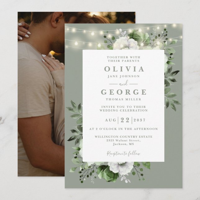 Convites Sage Green String Lights Floral Photo Casamento (Frente/Verso)