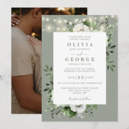 Convites Sage Green String Lights Floral Photo Casamento