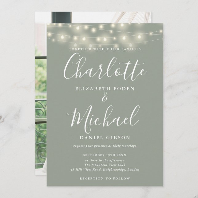 Convites Sage Green String Lights Script Foto Casamento (Frente/Verso)