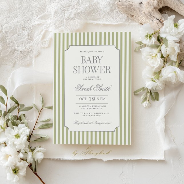 Convites Sage Green Stripe Baby Shower Invitation (Criador carregado)