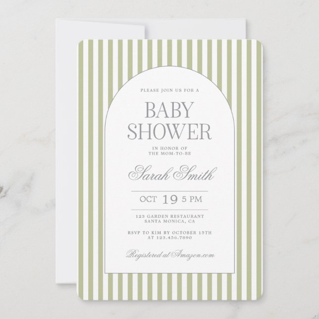 Convites Sage Green Stripe Baby Shower Invitation (Frente)