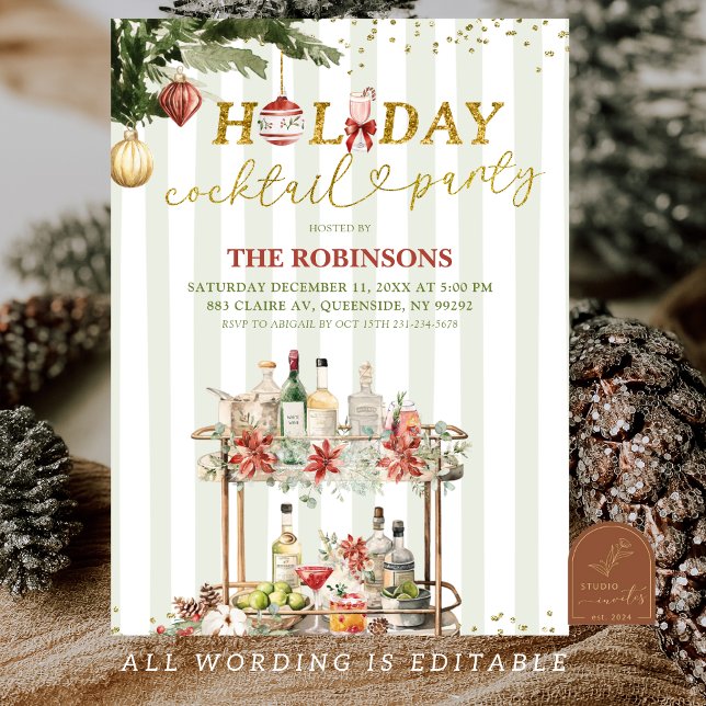 Convites Sage Green Stripes Christmas Holiday Cocktail (Criador carregado)