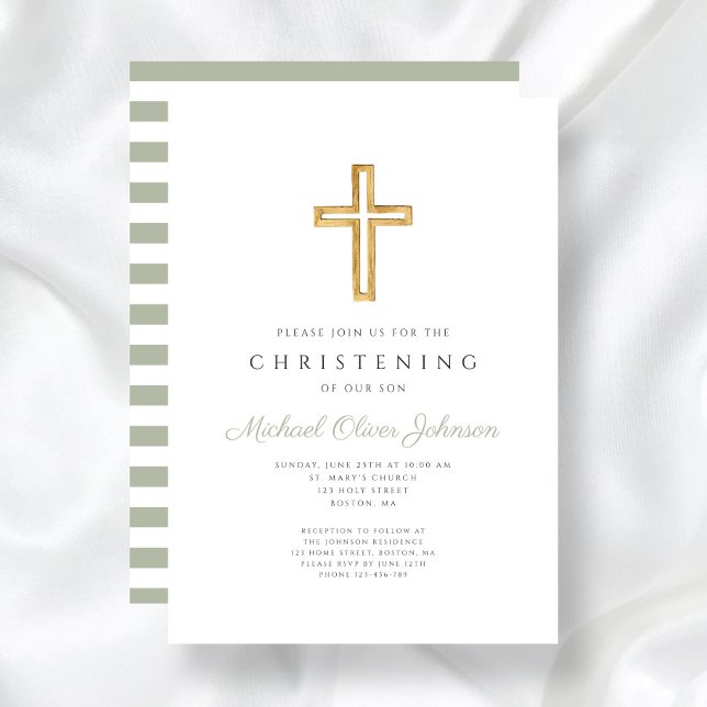 Convites Sage Green Stripes Religioso Cruzamento (Sage Green Stripes Religious Cross Christening Invitation)