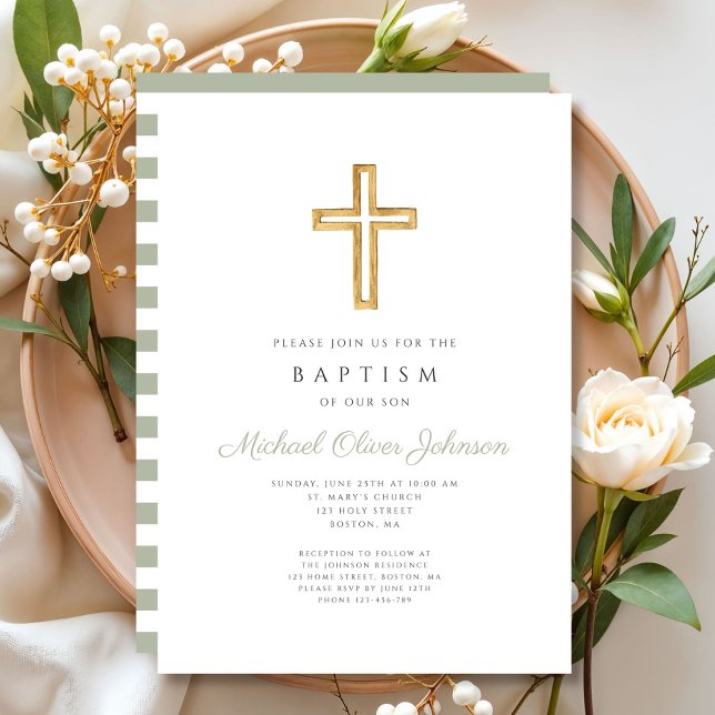 Convites Sage Green Strips Religioso Cruzando Batismo (Sage Green Stripes Religious Wood Cross Baptism Invitation)