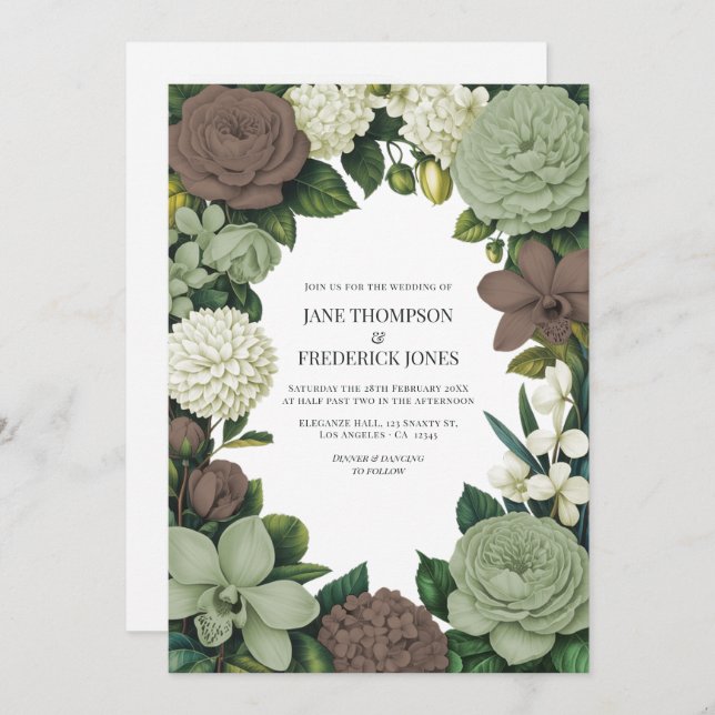 Convites Sage Green, Taupe & Ivory Floral Wedding (Frente/Verso)