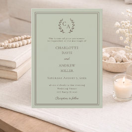Convites Sage green taupe wreath monogram simple wedding