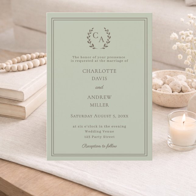 Convites Sage green taupe wreath monogram simple wedding  (Criador carregado)