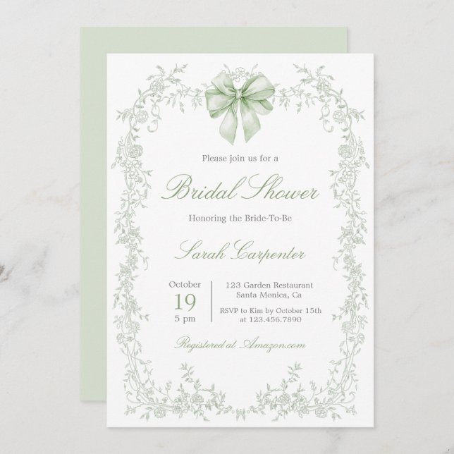Convites Sage Green Toile and Bow Bridal Shower (Frente/Verso)