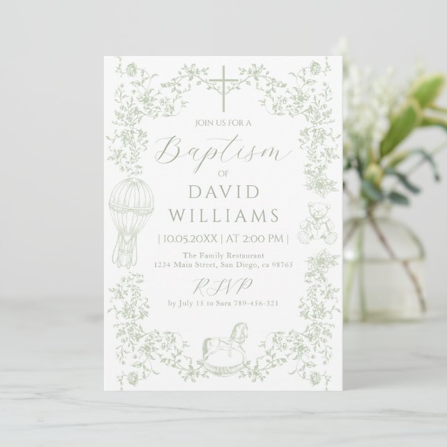 Convites Sage Green Toile Boy Baptism Elegante Digital (Em pé/Frente)