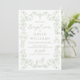 Convites Sage Green Toile Boy Baptism Elegante Digital