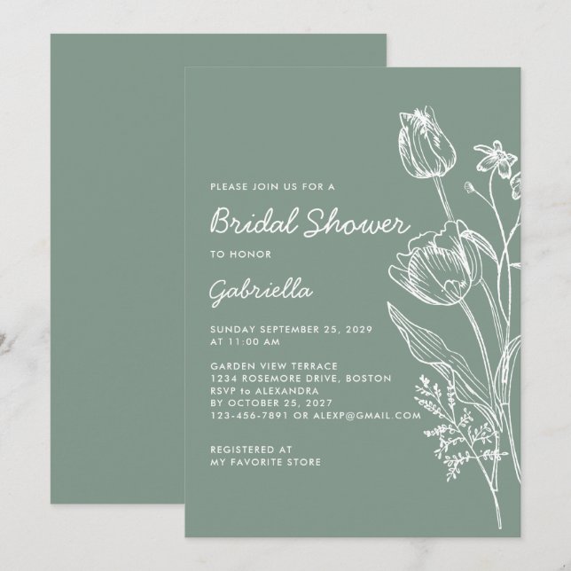 Convites Sage Green Tulip Line Art Garden Bridal Shower (Frente/Verso)