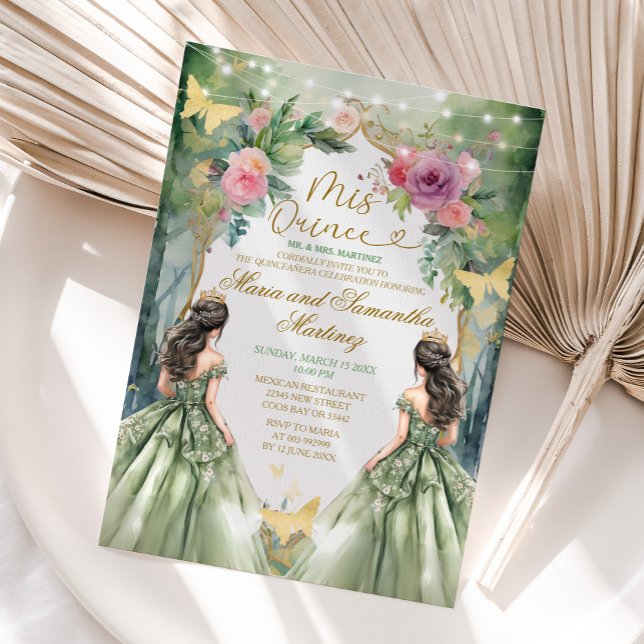 Convites Sage Green Twin Royal Princess Forest Quinceañera (Criador carregado)