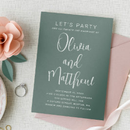 Convites Sage green typografia script casamento + detalhes 
