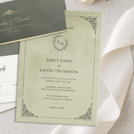 Convites Sage Green Velvet Laurel Wreath Minimalist Wedding