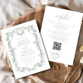 Convites Sage Green Victorian Code QR Todos Em Um Casamento