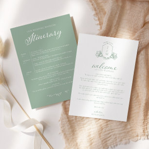 Convites Sage Green Victorian Crest Welcome/Itinerary