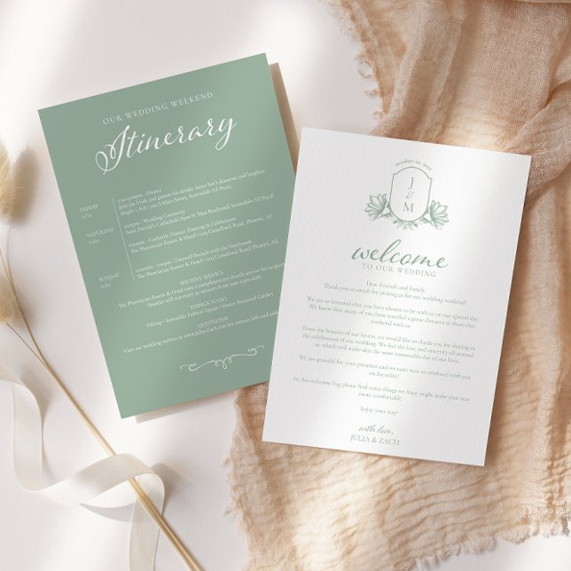 Convites Sage Green Victorian Crest Welcome/Itinerary (Criador carregado)