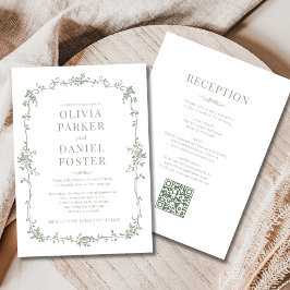 Convites Sage Green Victorian QR Code All in One Wedding