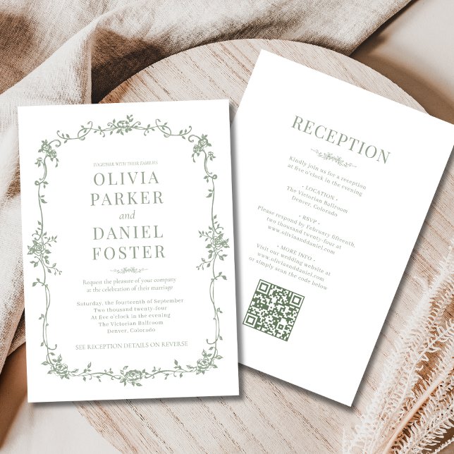 Convites Sage Green Victorian QR Code All in One Wedding  (Criador carregado)