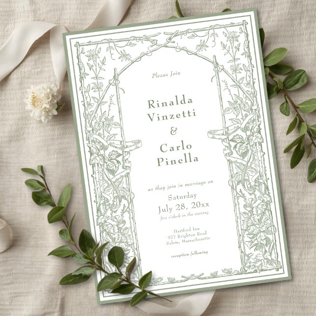Convites Sage Green Vintage Botanical Trellis Arch Wedding (Sage Green Vintage Botanical Trellis Arch Wedding Invitation)