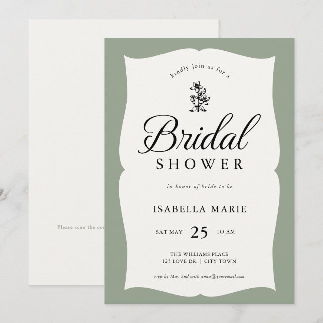 Convites Sage Green Vintage Classic Bridal Shower (Frente/Verso)