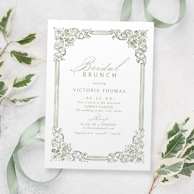 Convites Sage Green Vintage Frame Elegante Bridal Brunch (Sage Green Vintage Frame Elegant Bridal Brunch Invitation)