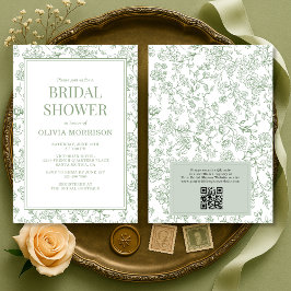 Convites Sage Green Vintage French QR Code Bridal Shower