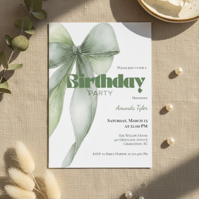 Convites Sage Green Watercolor Bow Birthday  (Sage green watercolor bow birthday invitation with elegant neutral design)
