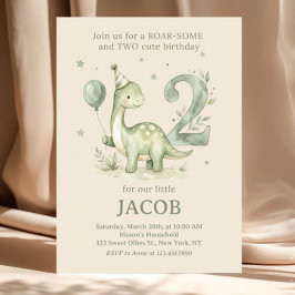 Convites Sage Green Watercolor Dino 2nd Birthday 