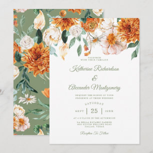 Convites Sage Green Watercolor Flora Orange Elegant Weding